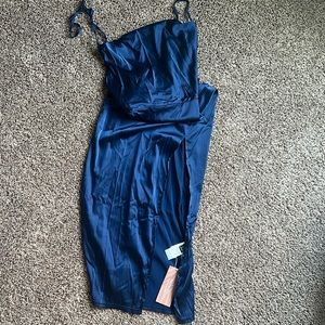 NWT midnight blue silk dress with leg slit.